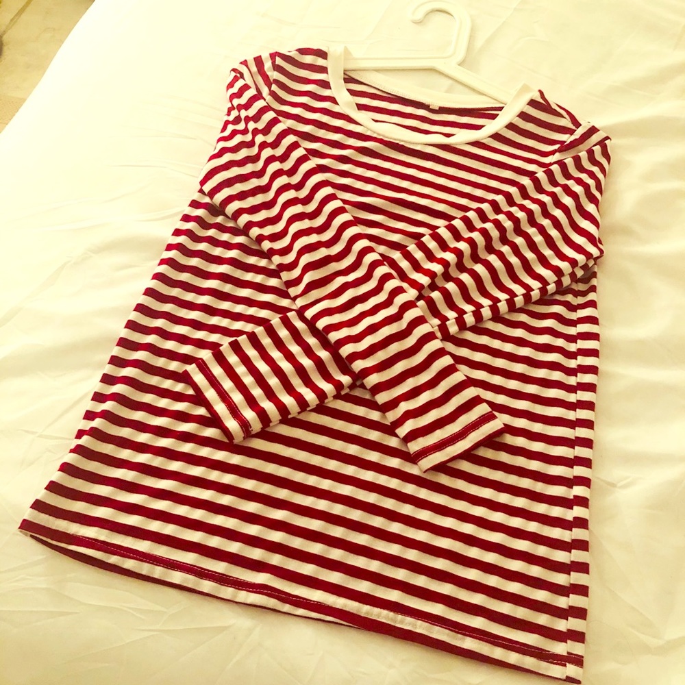 Casual Women Red White Striped Long Sleeve Shirt